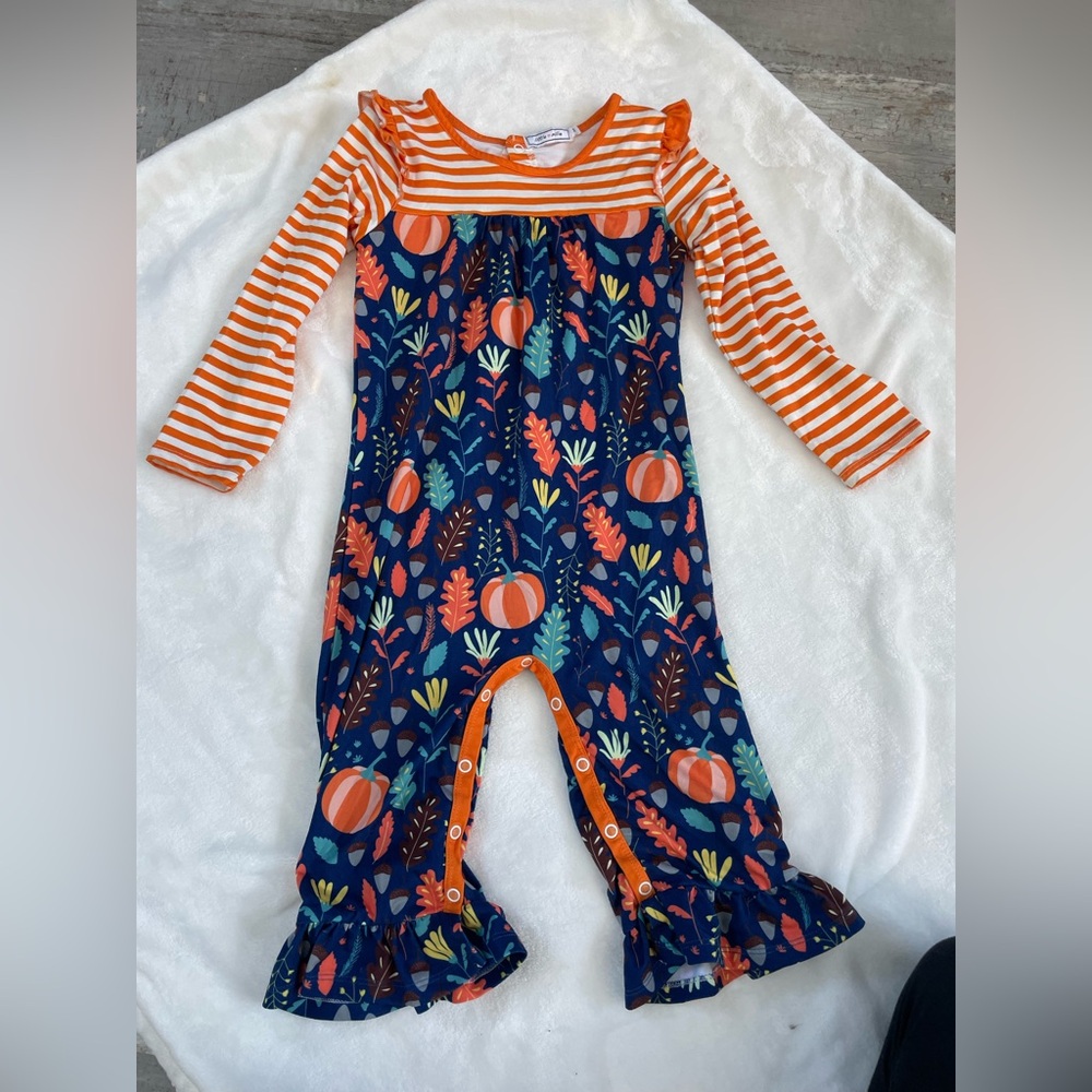 EUC Little Millie Fall Themed Girl’s Ruffled Jumpsuit